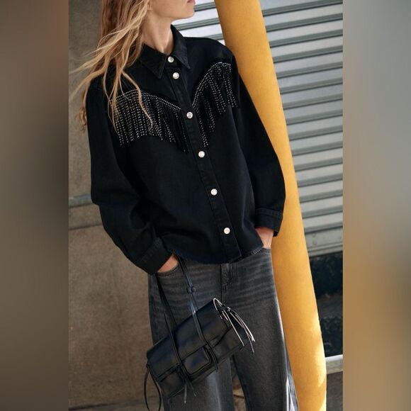 ZARA STUDDED FRINGED DENIM JACKET Z1975 - Picture 5 of 9